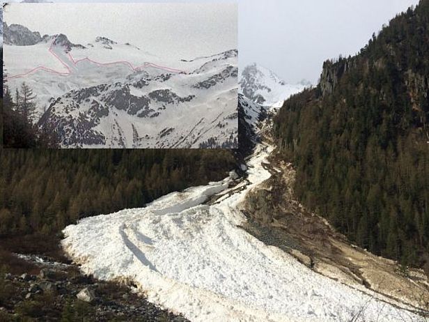 Abb. 31: Lawinenabgang zwischen dem 01. und 02.05. am Glacier des Grands im Trientgebiet, VS. Der Anriss ist auf rund 3100 m, nordexponiert und dürfte rund 2 km breit sein. Die Lawine ging über eine Länge von rund 3,5 km bis in den Talboden auf 1650 m und hatte eine Ablagerung von über 10 m Höhe. Sie wird aufgrund der Europäischen Lawinengrössen-Skala als sehr gross (Grösse 5) klassifiziert (Foto: M. Volorio, 03.05.2015).