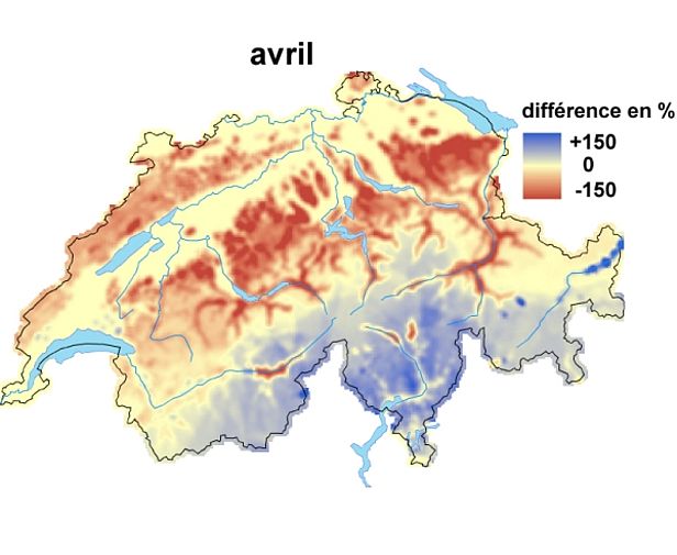 Figures 5 et 6: Hauteurs de neige comparées aux moyennes pluriannuelles en mars (en haut) et en avril 2009 (en bas).