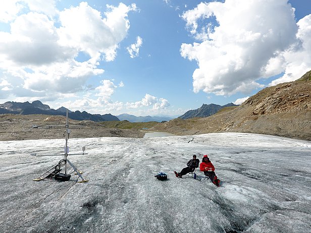 Pause auf dem Silvrettagletscher für Patricia Asemann und Maximilian Sesselmann: Alles dauert zehnmal so lange und ist zehnmal so anstrengend wie gedacht. (Foto: Patricia Asemann)